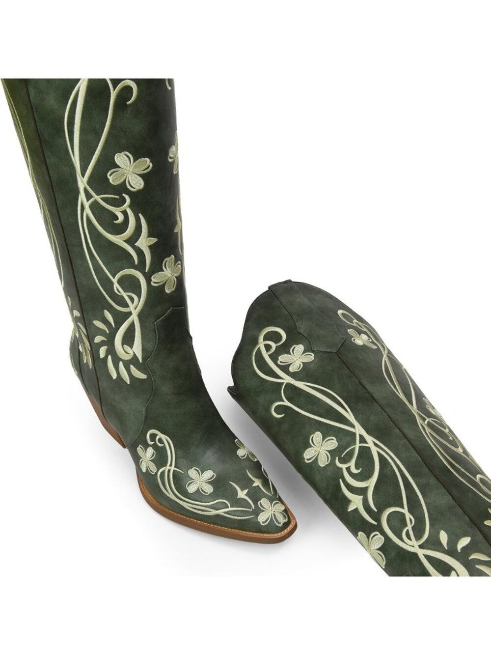 Women's Green Pu Cowgirl High Knee Vintage with Floral Embroidered Footwear - Picture 3 of 6